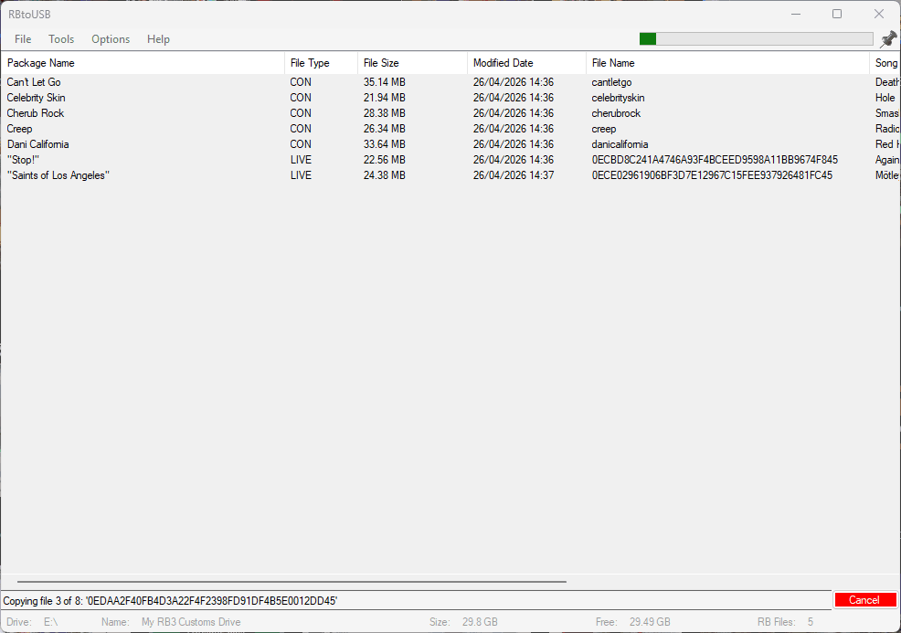 Nautilus RBtoUSB kopierar Rock Band 3 CON-filer