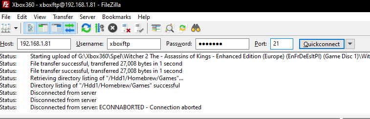 FileZilla ansluter till Xboxen
